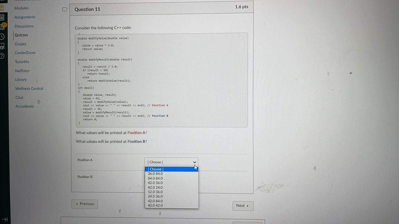 Modules 1 6 Pts D Question 11 00 Assignments 33 E Discussions Consider The Following C Code Quizzes Grades Double Mod 1