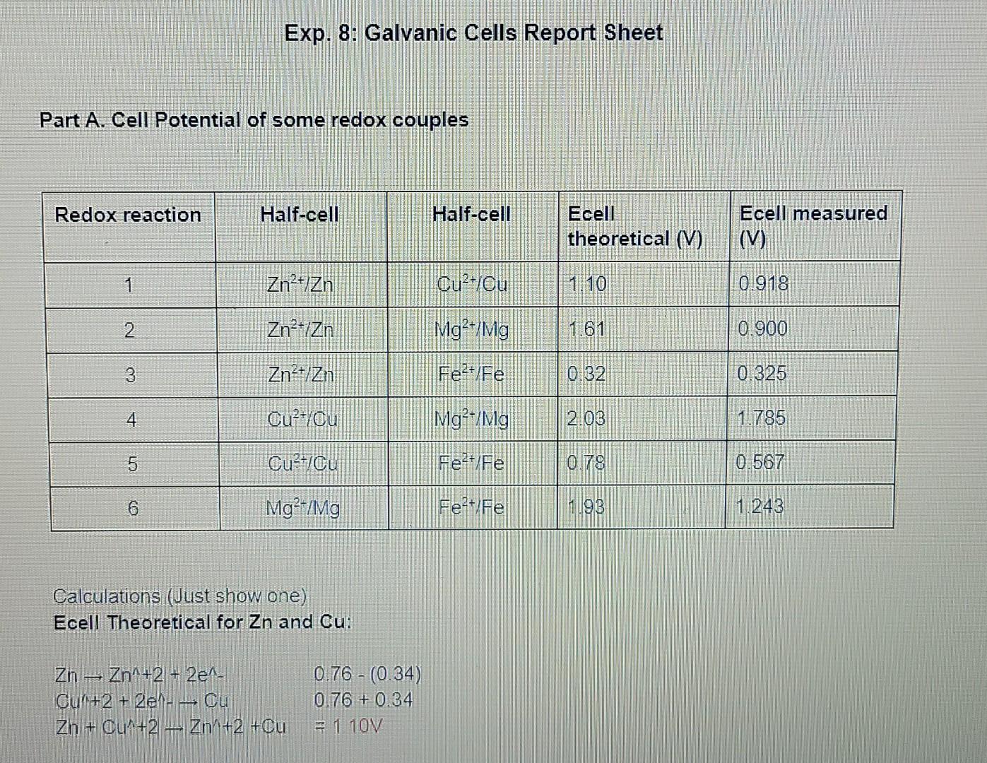 Exp 8 Galvanic Cells Report Sheet Part A Cell Potential Of Some Redox Couples Redox Reaction Half Cell Half Cell Ecel 1