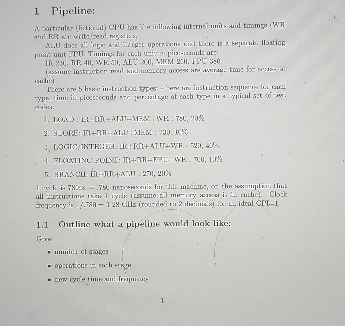 1 Pipeline A Particular Fictional Cpu Has The Following Internal Units And Timings Wr And Rr Are Write Read Register 1