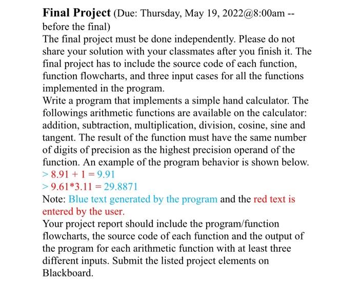 Final Project Due Thursday May 19 2022 8 00am Before The Final The Final Project Must Be Done Independently P 2