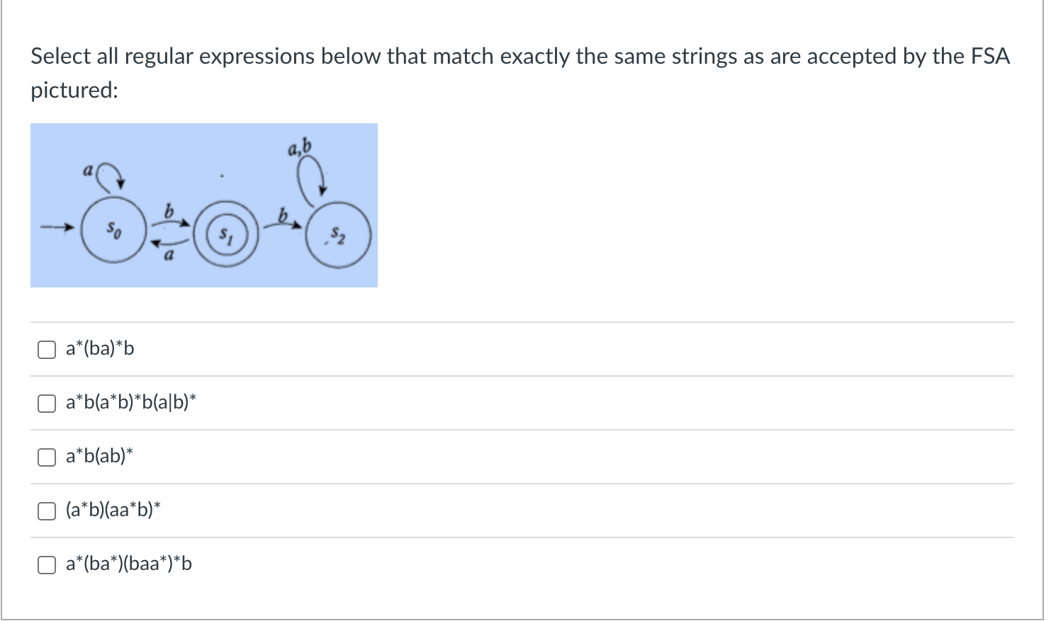 Select All Regular Expressions Below That Match Exactly The Same Strings As Are Accepted By The Fsa Pictured A B So S2 1
