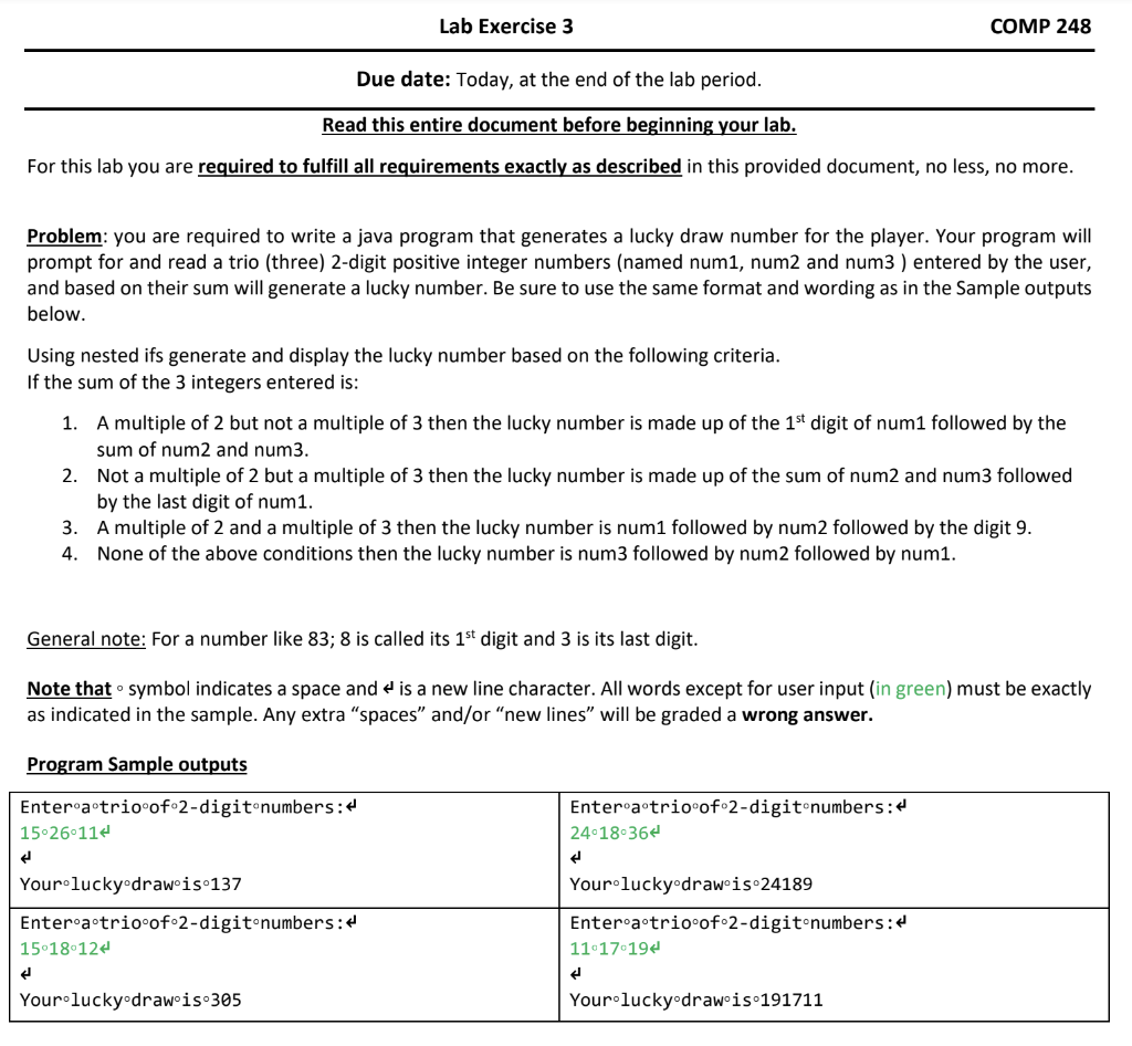 Lab Exercise 3 Comp 248 Due Date Today At The End Of The Lab Period Read This Entire Document Before Beginning Your L 1