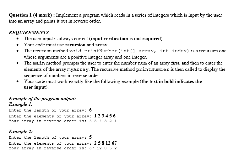 Question 1 4 Mark Implement A Program Which Reads In A Series Of Integers Which Is Input By The User Into An Array A 1