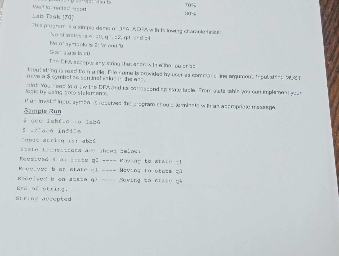 Correct Results 70 Well Formatted Report 30 Lab Task 70 This Program Is A Simple Demo Of Dfa A Dfa With Following C 1