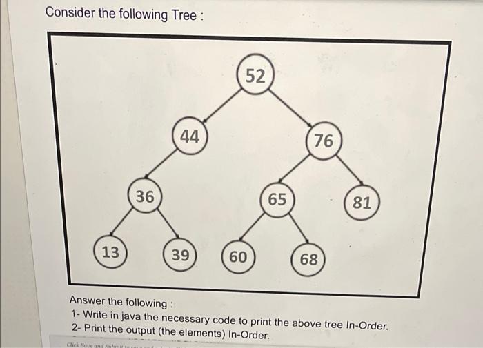 Consider The Following Tree 52 44 76 36 65 81 13 39 60 68 Answer The Following 1 Write In Java The Necessary Code To 1
