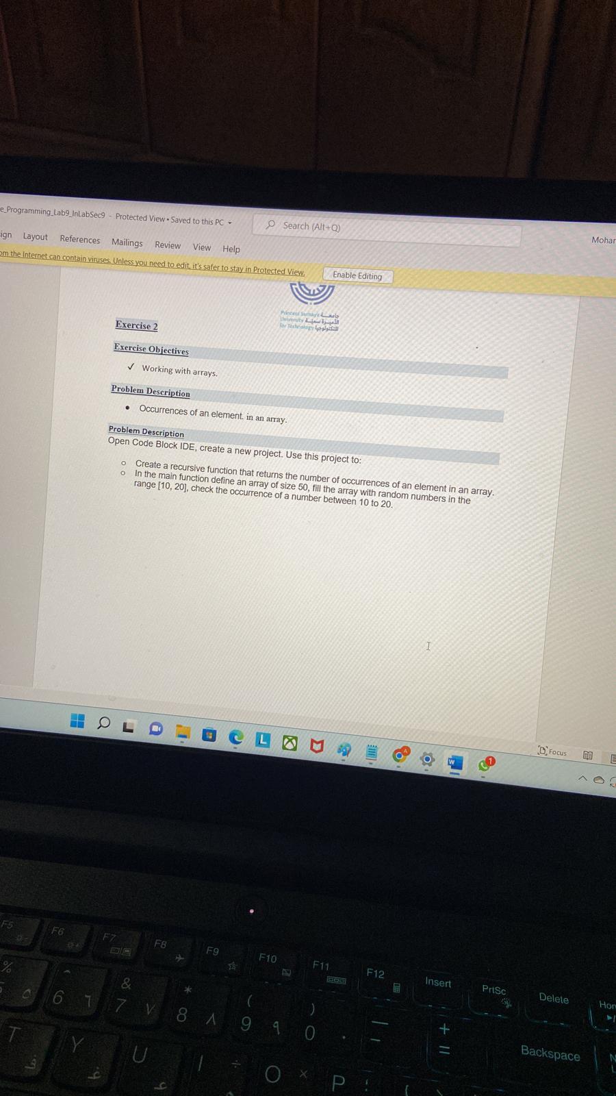 E Programming Lab9 Inlabsec9 Protected View Saved To This Pc Search Alt 0 Ign Layout References Mailings Review Mo 1