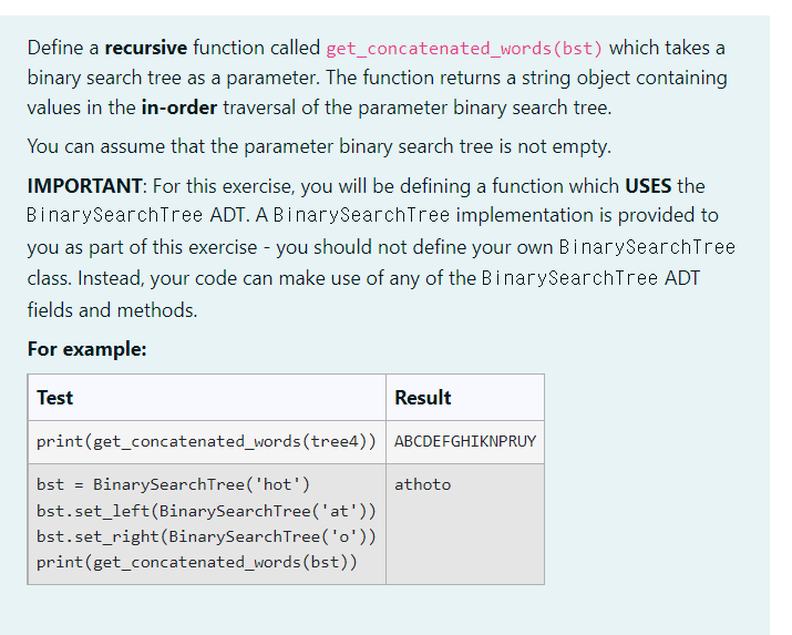 Define A Recursive Function Called Get Concatenated Words Bst Which Takes A Binary Search Tree As A Parameter The Fun 1