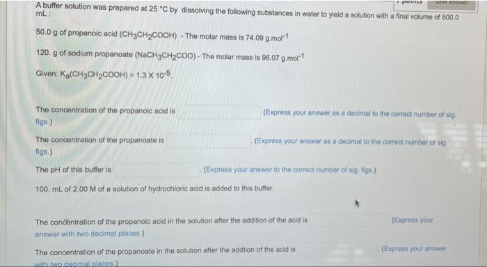 Mvutus Save Answer A Buffer Solution Was Prepared At 25 C By Dissolving The Following Substances In Water To Yield A So 1