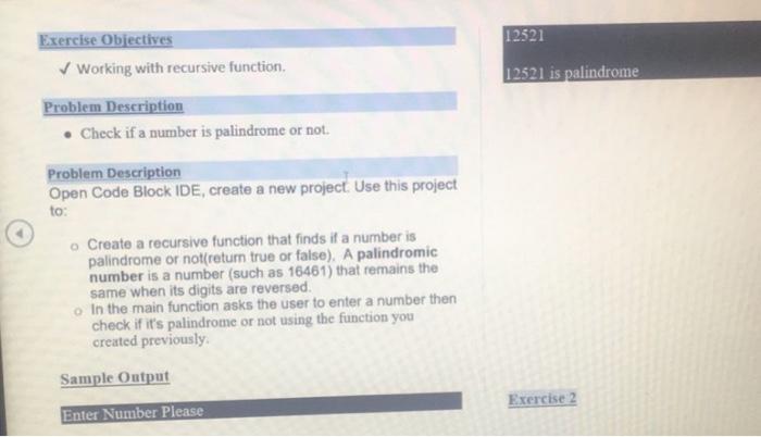 12521 Exercise Objectives Working With Recursive Function 12521 Is Palindrome Problem Description Check If A Number 1