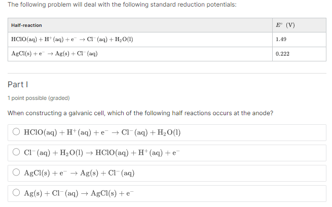 The Following Problem Will Deal With The Following Standard Reduction Potentials Half Reaction E V Hcio Aq H Aq 1