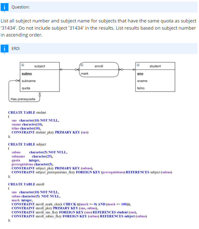 I Question List All Subject Number And Subject Name For Subjects That Have The Same Quota As Subject 31434 Do Not In 1