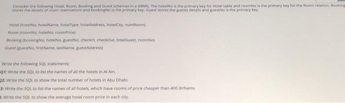 Consider The Following Hotel Room Booking And Guest Schera In Dams The Hotel Is The Primary Wey For Hotel Table And Ro 1