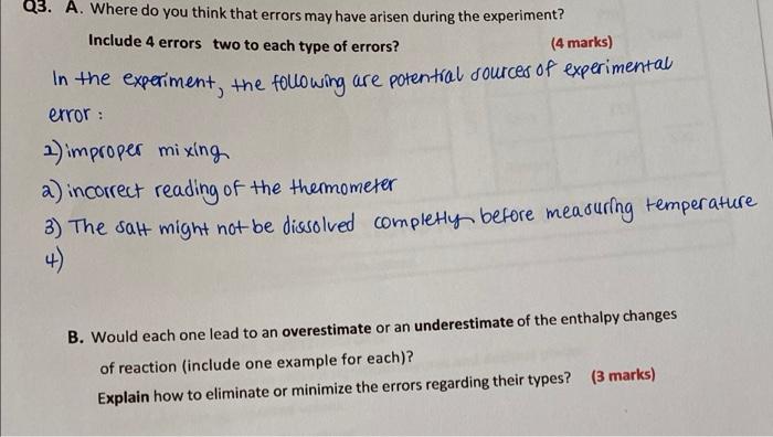 03 A Where Do You Think That Errors May Have Arisen During The Experiment Include 4 Errors Two To Each Type Of Errors 1