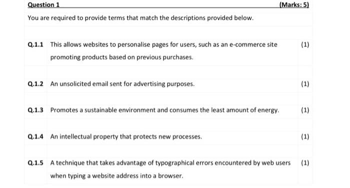 Marks 5 Question 1 You Are Required To Provide Terms That Match The Descriptions Provided Below 1 Q 1 1 This Allow 1
