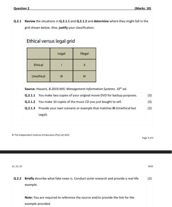 Question 2 Marks 10 Q 2 1 Review The Situations In Q 2 1 1 And Q 2 1 2 And Determine Where They Might Fall In The Gri 1