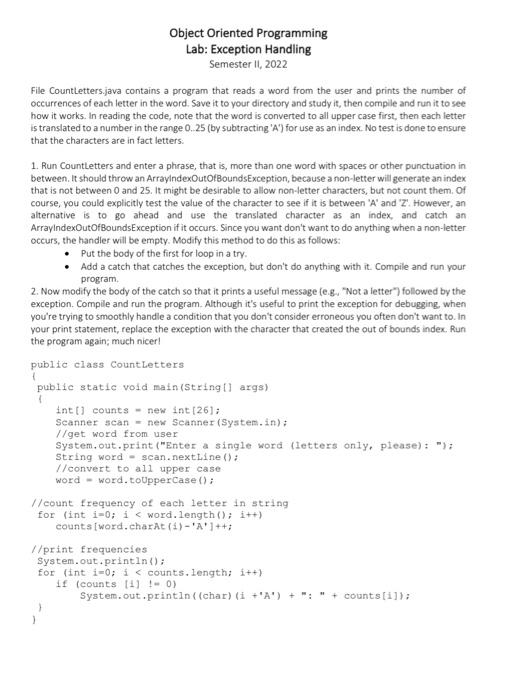 A Object Oriented Programming Lab Exception Handling Semester Ii 2022 File Countletters Java Contains A Program That R 1