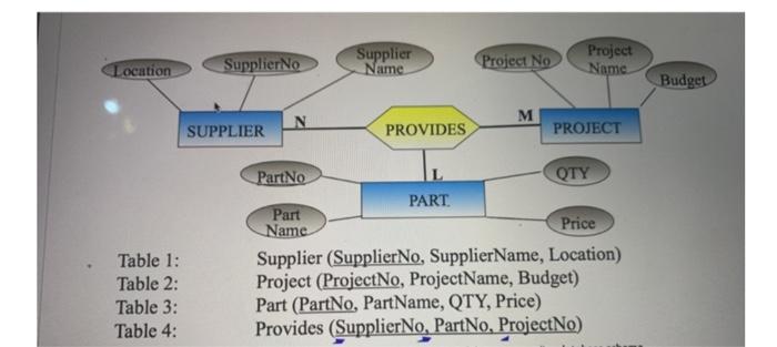 Supplier Name Supplierno Location Project Name Project No Budget M N Supplier Provides Project Table 1 Table 2 Table 3 1