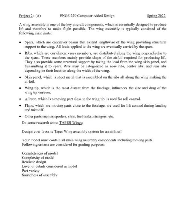 Project 2 A Enge 270 Computer Aided Design Spring 2022 A Wing Assembly Is One Of The Key Aircraft Components Which I 1