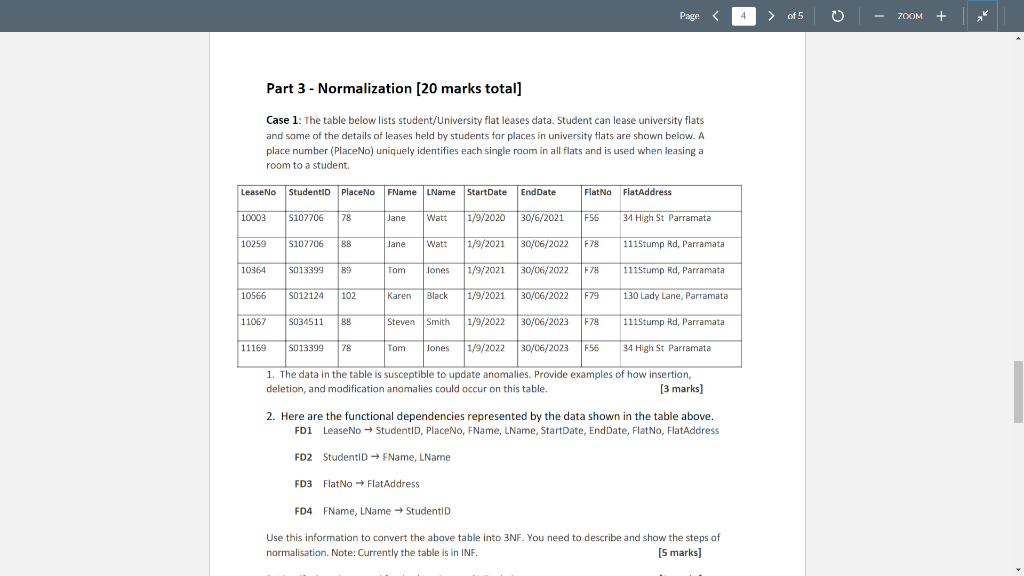Page 4 Of 5 5 Zoom Part 3 Normalization 20 Marks Total Case 1 The Table Below Lists Student University Flat Lea 1