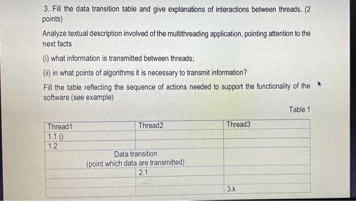 3 Fill The Data Transition Table And Give Explanations Of Interactions Between Threads 2 Points Analyze Textual Desc 1