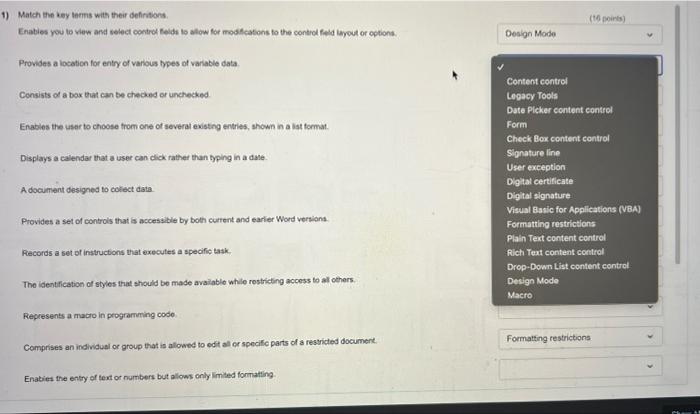 16 1 Match The Key Torms With Their Definitions Enables You To View And Select Control Old To Allow For Modifications 1