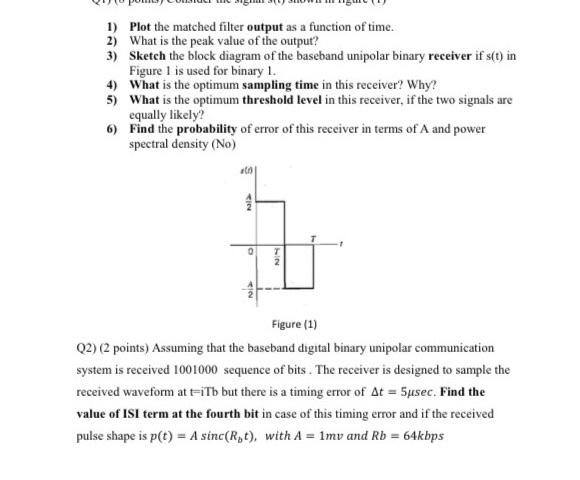 1 Plot The Matched Filter Output As A Function Of Time 2 What Is The Peak Value Of The Output 3 Sketch The Block Di 2