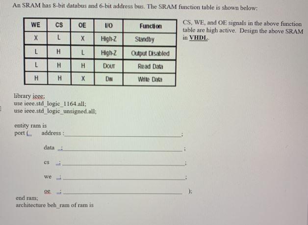 An Sram Has 8 Bit Databus And 6 Bit Address Bus The Sram Function Table Is Shown Below We Cs Oe Vo Function Standby Cs 1
