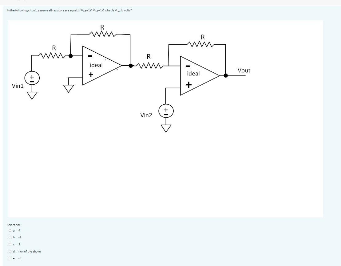 In The Following Circuit Assume All Resistors Are Equal If Vat 1v Vin2 1v What Is Vout In Volts R Ideal Min Vout I 1