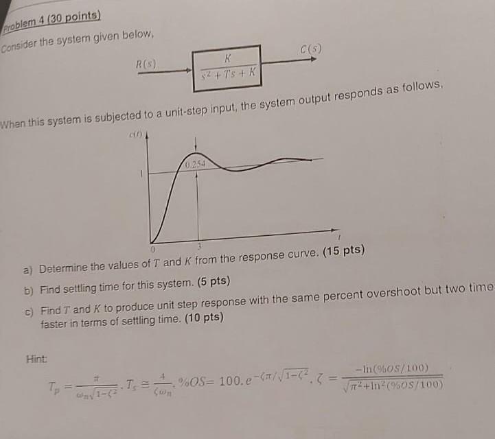 Problem 4 30 Points Consider The System Given Below 5 R K 32 7 S K When This System Is Subjected To A Unit Step I 1