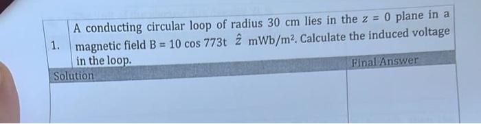A Conducting Circular Loop Of Radius 30 Cm Lies In The Z 0 Plane In A 1 Magnetic Field B 10 Cos 773t 2 Mwb M2 Calc 4