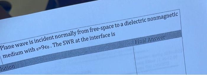 Final Answer Plane Wave Is Incident Normally From Free Space To A Dielectric Nonmagnetic Medium With E 9 0 The Swr At T 1