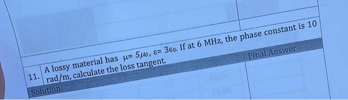 11 A Lossy Material Has U 540 E 3 O If At 6 Mhz The Phase Constant Is 10 Rad M Calculate The Loss Tangent Soluti 1