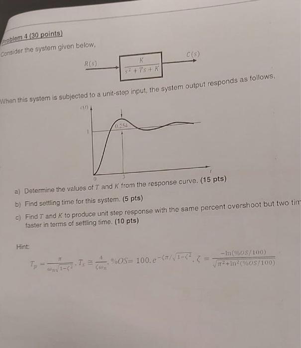 Problem 4 30 Points Consider The System Given Below C S R S K 7 S K When This System Is Subjected To A Unit Step I 1