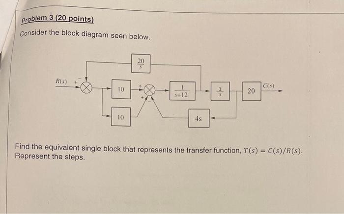 Problem 3 20 Points Consider The Block Diagram Seen Below R S C S 10 7 20 5 12 10 4s Find The Equivalent Single Blo 1