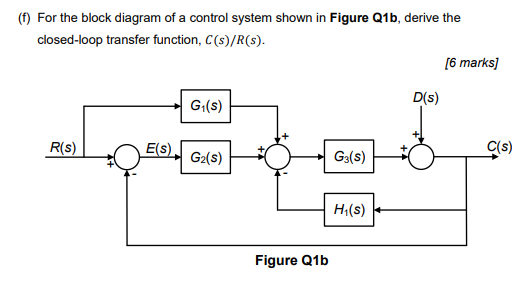 F For The Block Diagram Of A Control System Shown In Figure Q1b Derive The Closed Loop Transfer Function C S R S 1