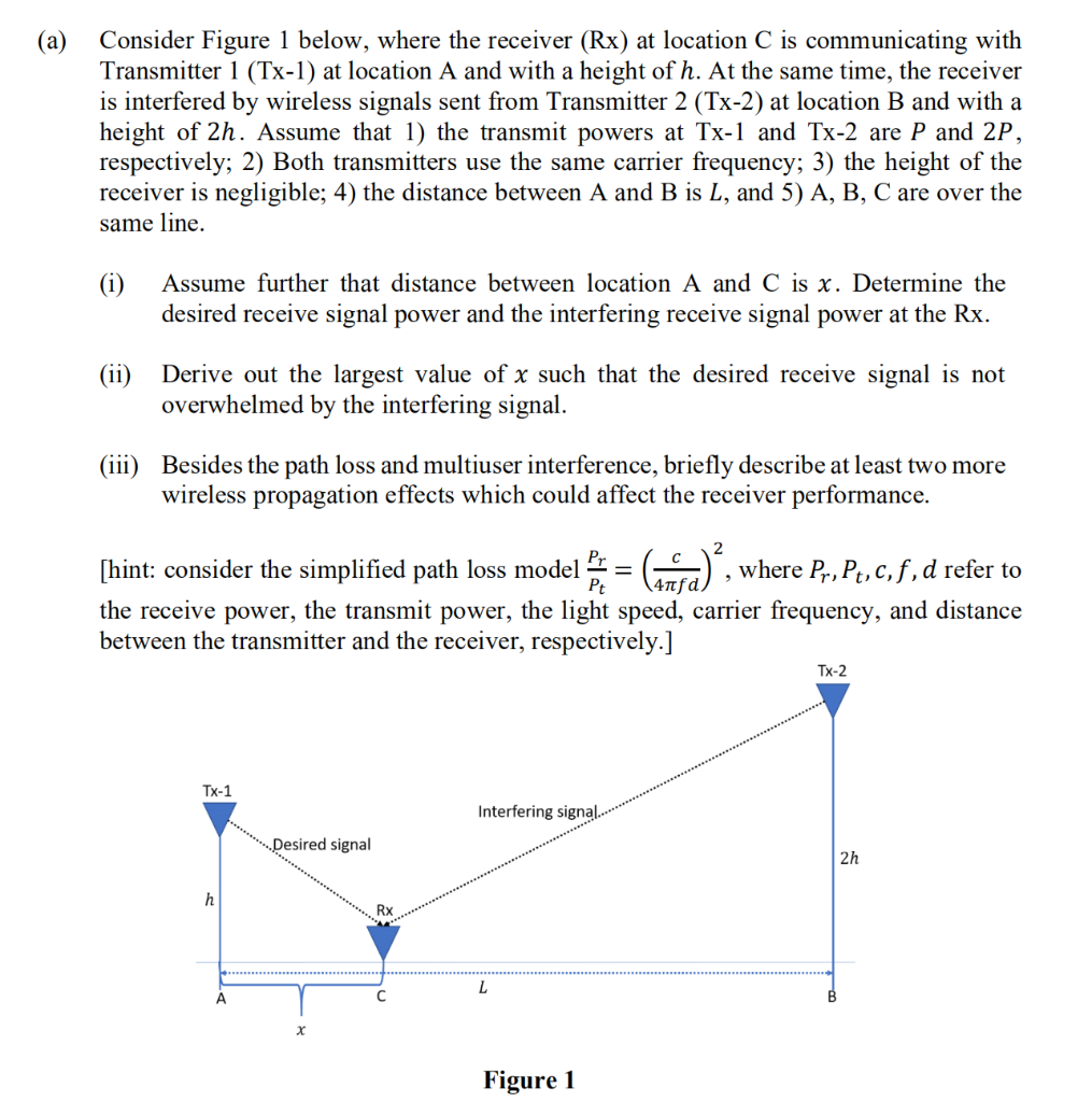 A Consider Figure 1 Below Where The Receiver Rx At Location C Is Communicating With Transmitter 1 Tx 1 At Locat 1