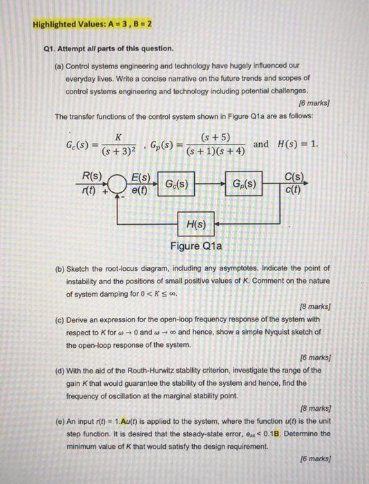 Highlighted Values A 3 B 2 Q1 Attempt All Parts Of This Question A Control Systems Engineering And Technology 1