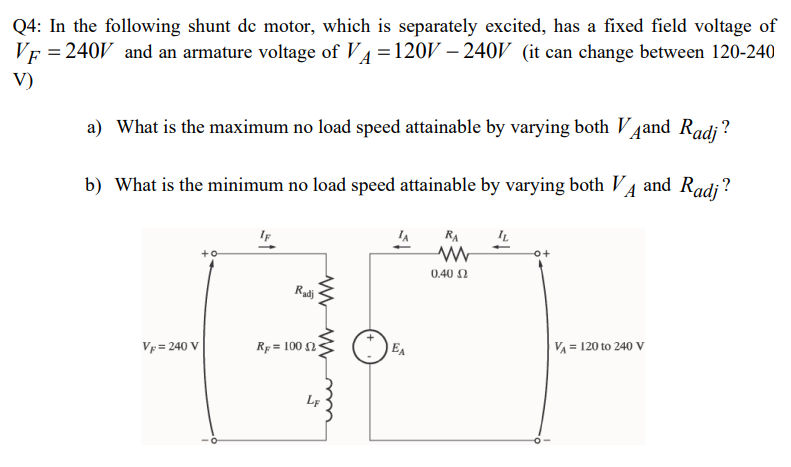 Q4 In The Following Shunt Dc Motor Which Is Separately Excited Has A Fixed Field Voltage Of Vf 240v And An Armature 1