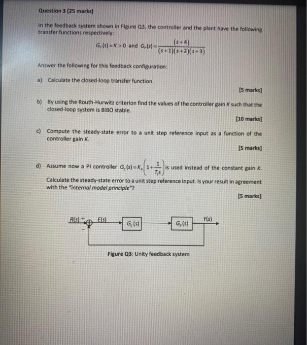 Question 3 25 Marks In The Feedback System Shown In Figure 03 The Controller And The Plant Have The Following Transfe 1