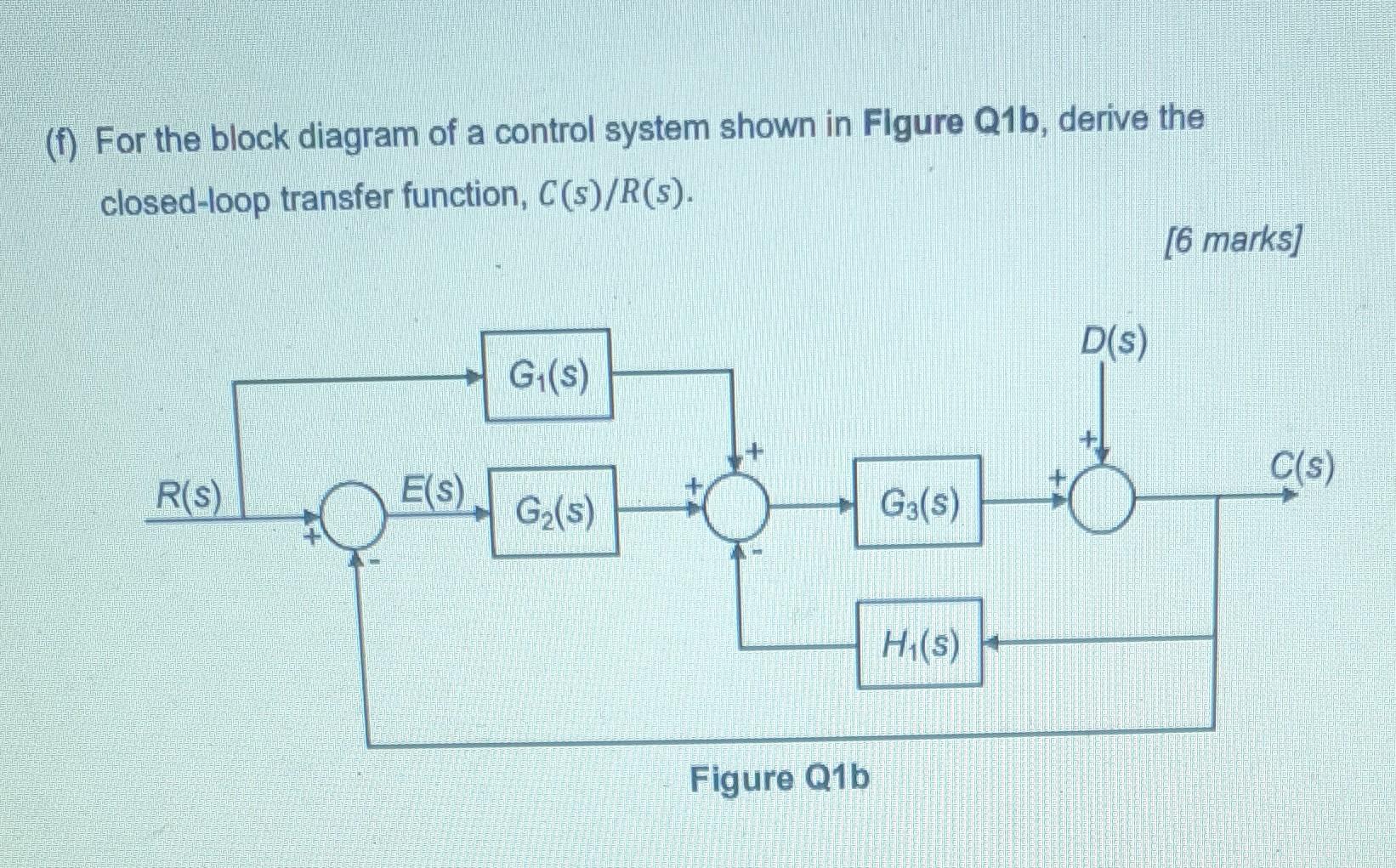 For The Block Diagram Of A Control System Shown In Figure Q1b Derive The Closed Loop Transfer Function C S R S 1