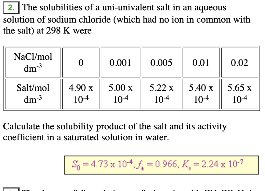 2 The Solubilities Of A Uni Univalent Salt In An Aqueous Solution Of Sodium Chloride Which Had No Ion In Common With T 1