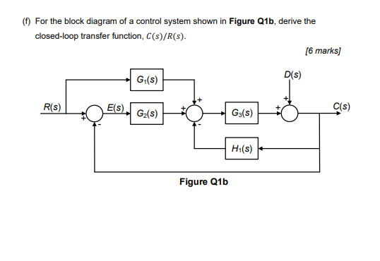 F For The Block Diagram Of A Control System Shown In Figure Q1b Derive The Closed Loop Transfer Function C S R S 1