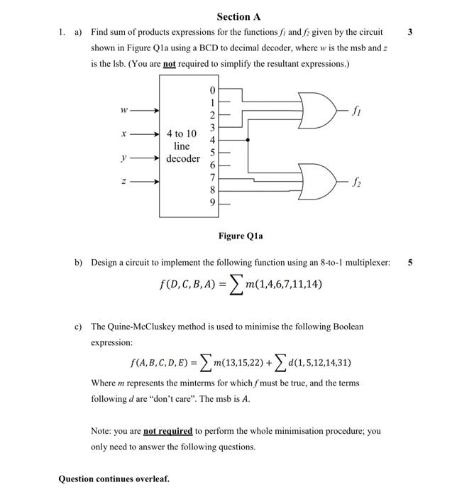 3 Section A 1 A Find Sum Of Products Expressions For The Functions F And F2 Given By The Circuit Shown In Figure Qla U 1