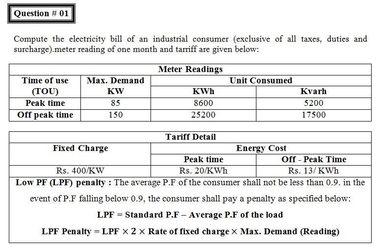 Question 01 Compute The Electricity Bill Of An Industrial Consumer Exclusive Of All Taxes Duties And Surcharge Mete 1