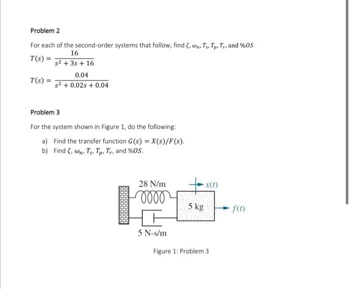 Problem 2 For Each Of The Second Order Systems That Follow Find 7 Wn Ts Tp Tr And S 16 T S 2 3s 16 0 04 T S 1