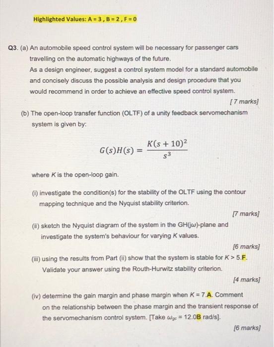 Highlighted Values A 3 B 2 F 0 Q3 A An Automobile Speed Control System Will Be Necessary For Passenger Cars 1