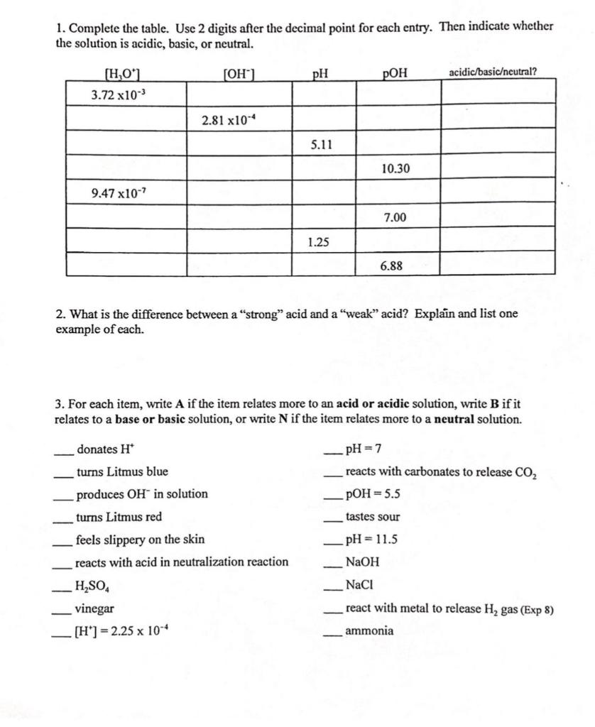 1 Complete The Table Use 2 Digits After The Decimal Point For Each Entry Then Indicate Whether The Solution Is Acidic 1