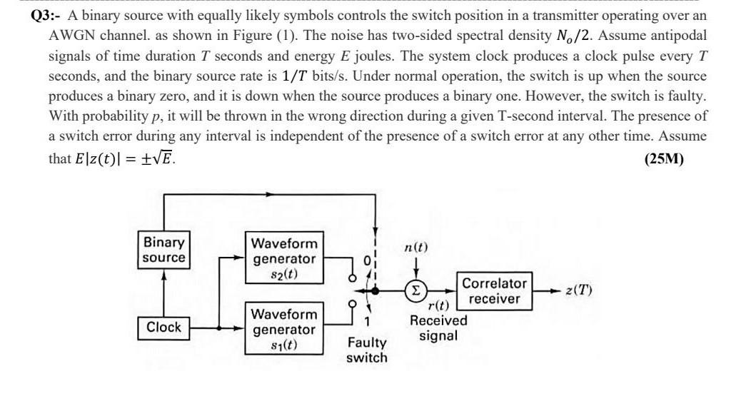 Q3 A Binary Source With Equally Likely Symbols Controls The Switch Position In A Transmitter Operating Over An Awgn Ch 1