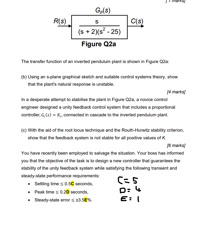 Ge S R S S C S S 2 S 25 Figure Q2a The Transfer Function Of An Inverted Pendulum Plant Is Shown In Figure Q2a 1