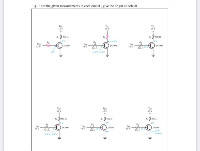 Q1 For The Given Measurements In Each Circuit Give The Origin Of Default Ver W Rc Rc 5600 V 2n 560 Ov Vys 3y N1604 W 1